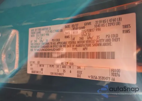 2017 Ford Escape Se z USA, uszkodzony, nr VIN 1FMCU9GD0HUD14813